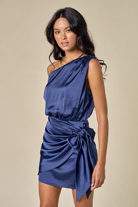 One Shoulder Satin Dress-Navy