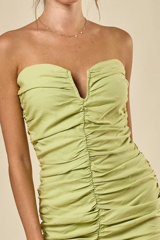 Ruched Sleeveless Tube Mini Dress-Lime