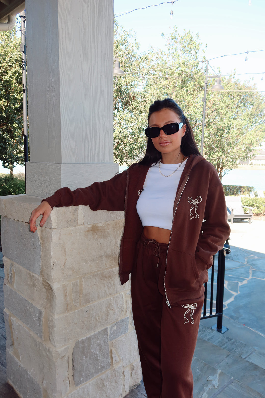 Ribbon Embroidery Hoodie Zip-Up-Brown