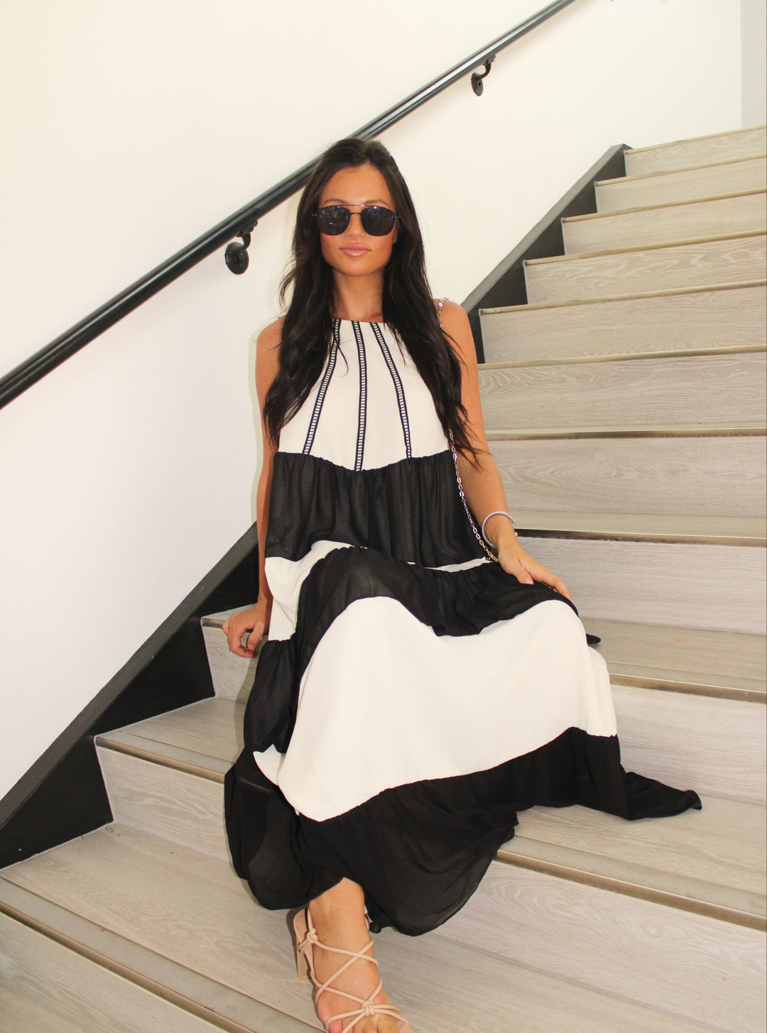Chiffon Ruffle Halter Maxi Dress-Cream-Black