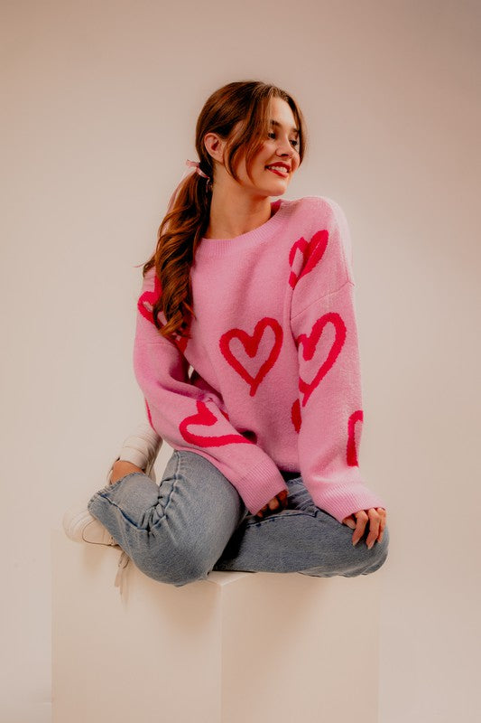 Sweet Heart  Printed Sweater-Pink