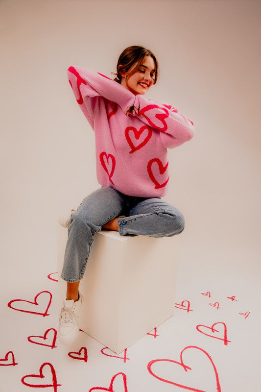 Sweet Heart  Printed Sweater-Pink