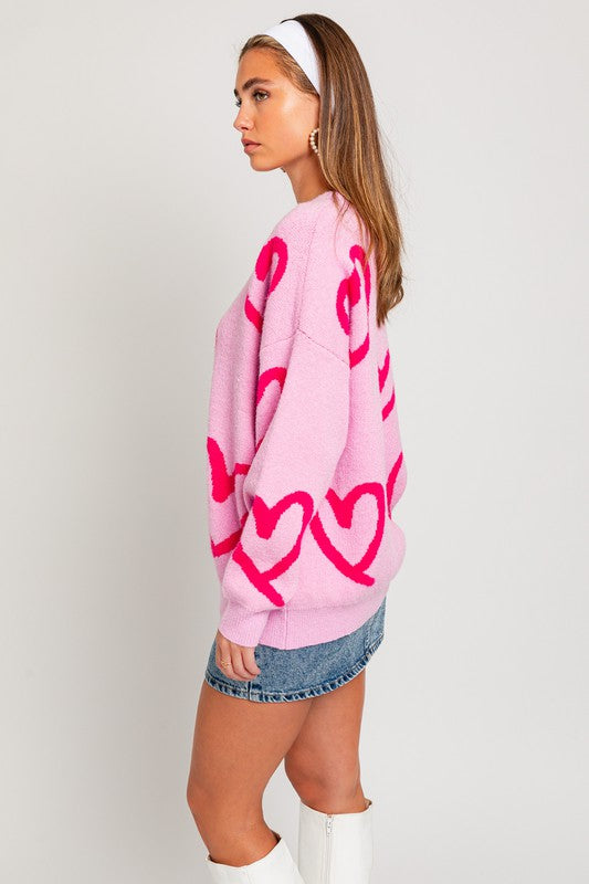 Sweet Heart  Printed Sweater-Pink