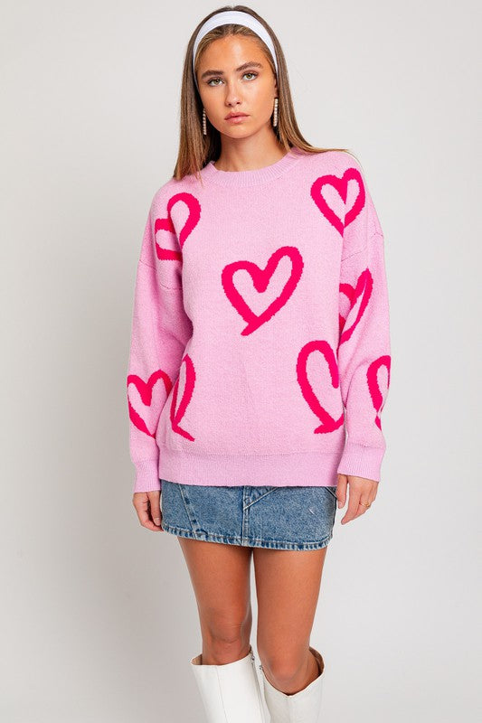 Sweet Heart  Printed Sweater-Pink