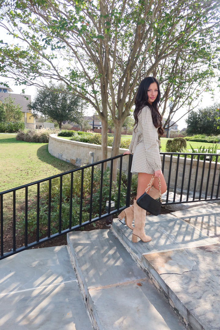 Pretty In Plaid Mini Dress-Beige