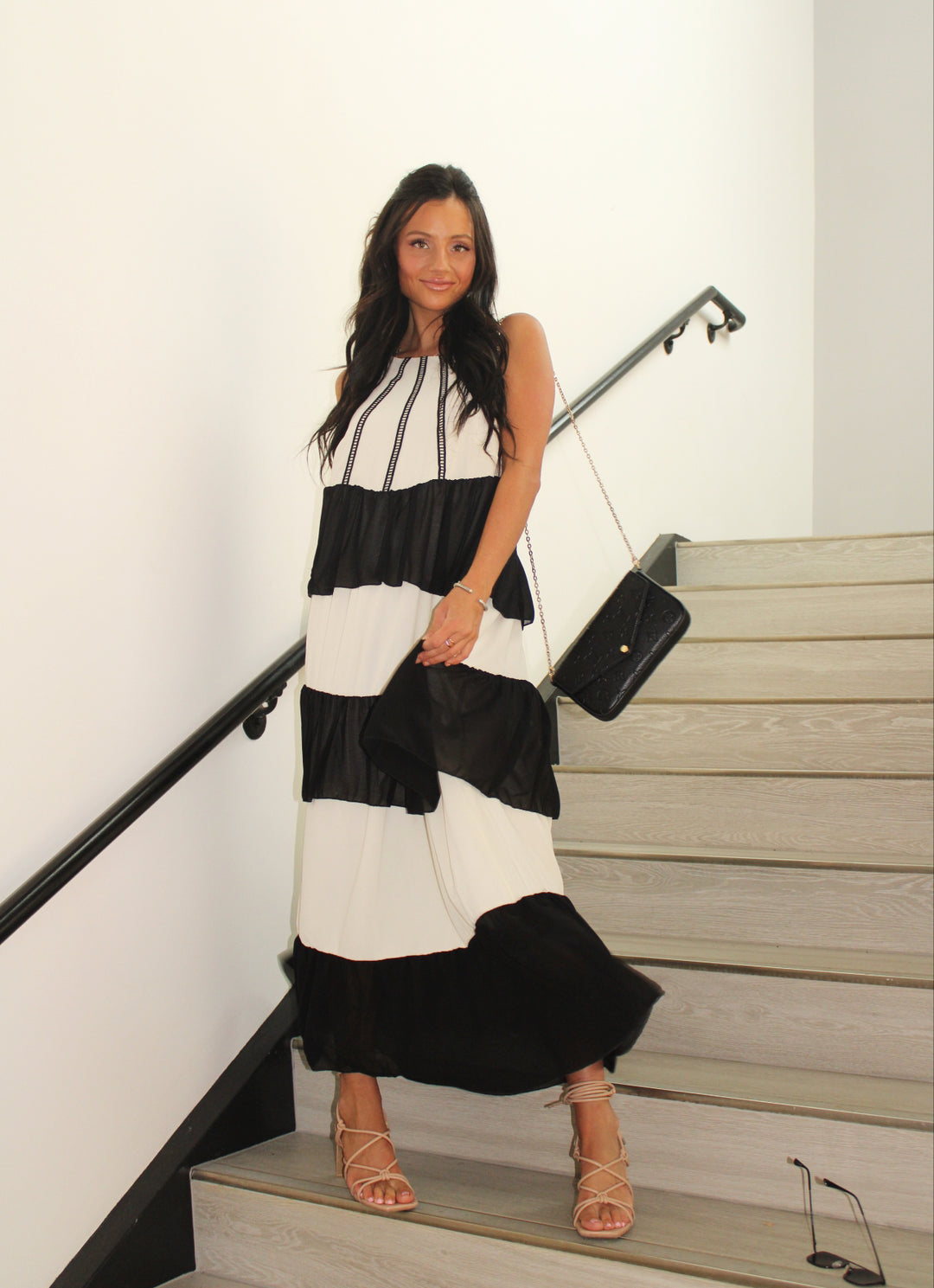 Chiffon Ruffle Halter Maxi Dress-Cream-Black