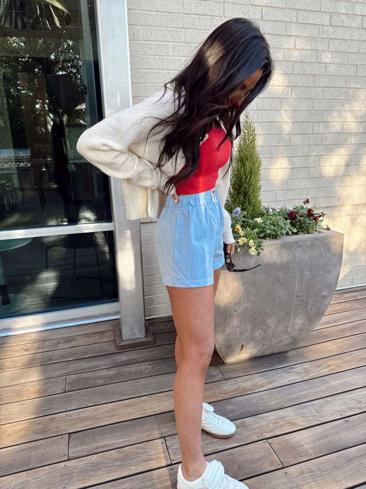 High Waisted Bow Boxy Shorts-Baby Blue