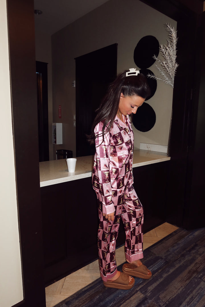 Bows & Martinis Pajama Set-Brown/Pink