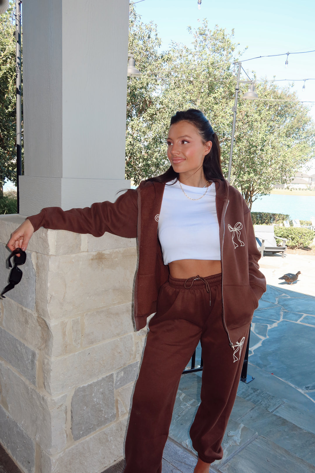Ribbon Embroidery Hoodie Zip-Up-Brown