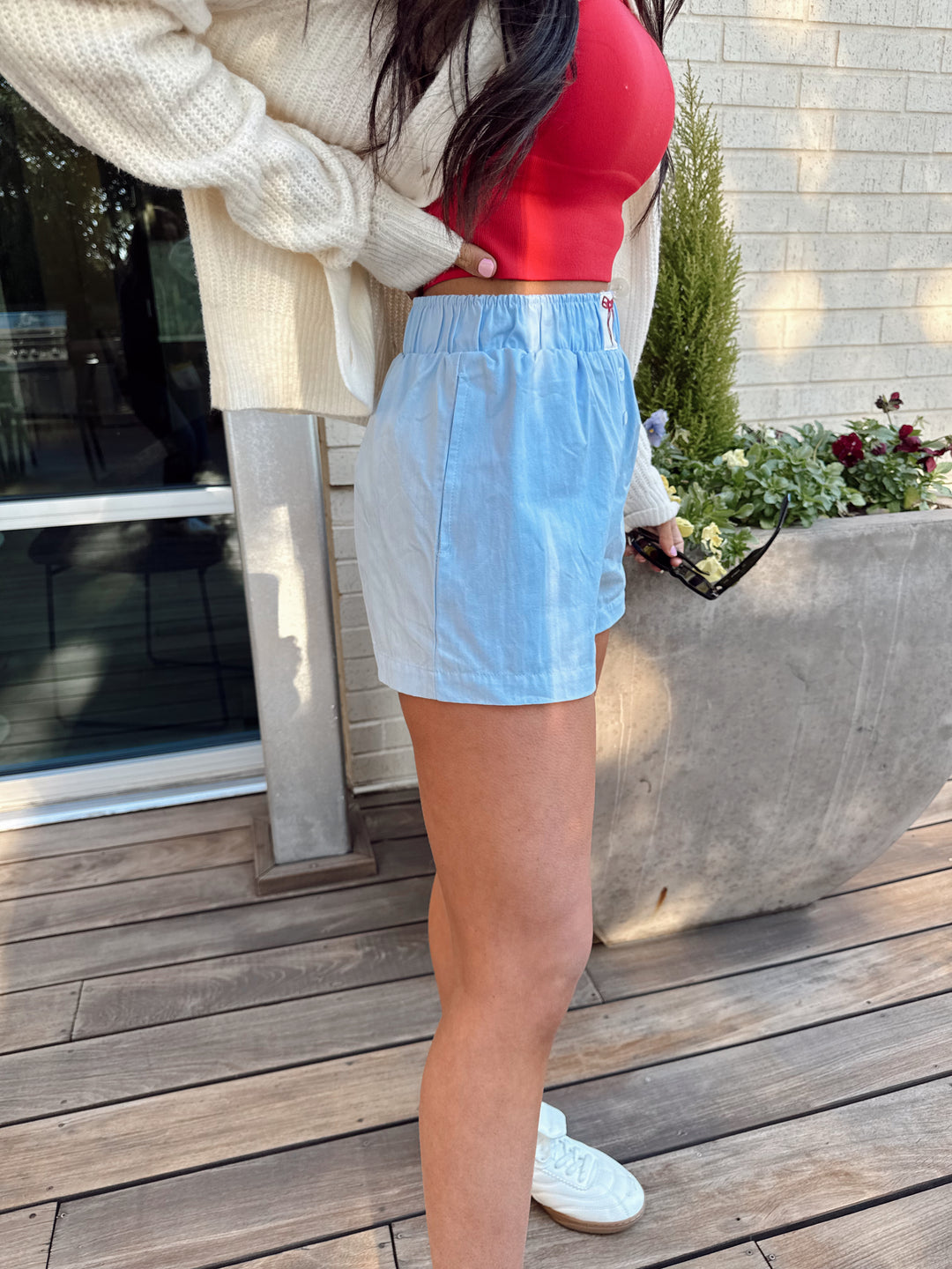 High Waisted Bow Boxy Shorts-Baby Blue