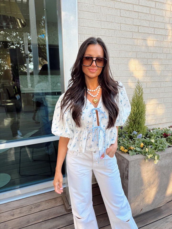 Floral Tie Top-Baby blue