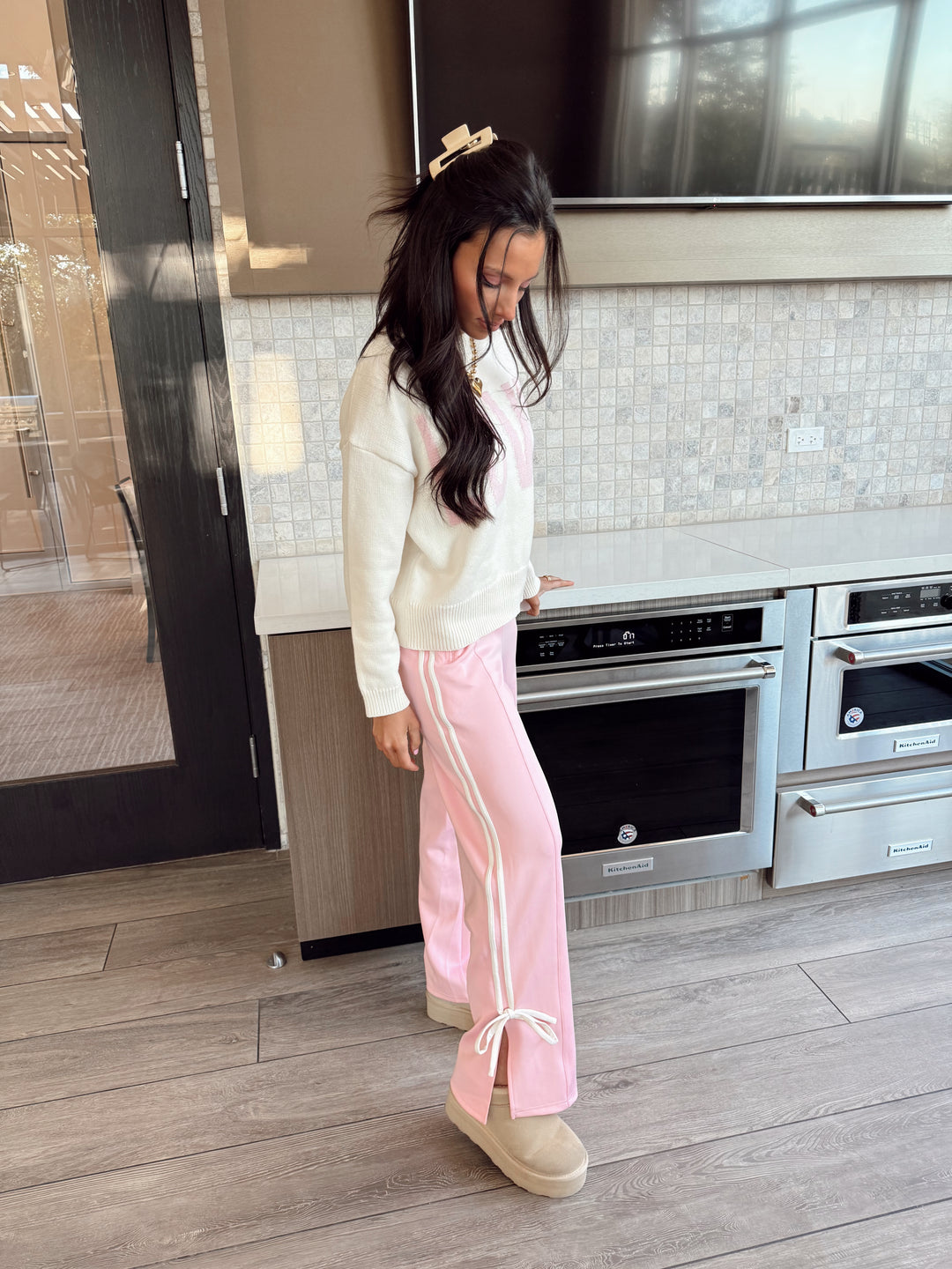 Bow Detail Track Pants-Pink