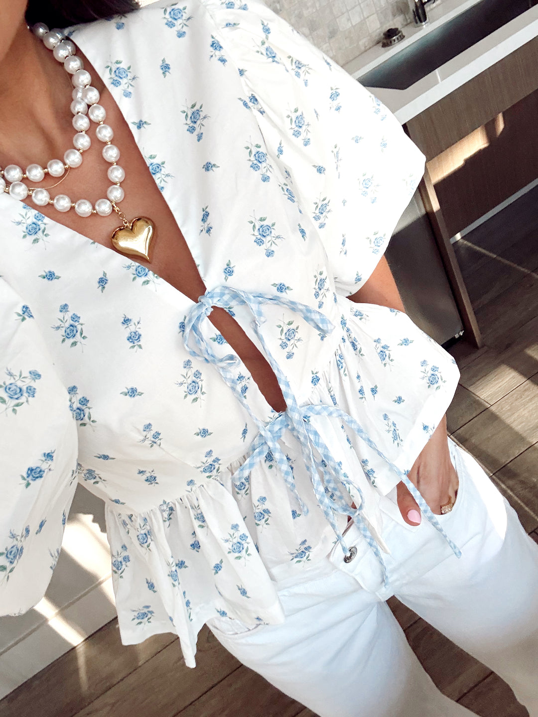 Floral Tie Top-Baby blue