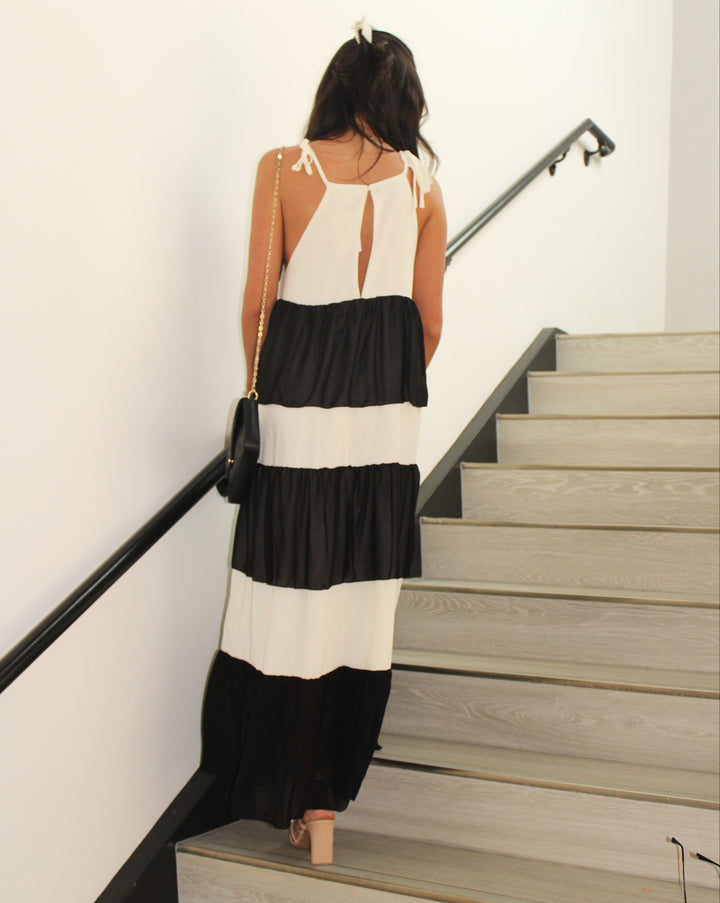 Chiffon Ruffle Halter Maxi Dress-Cream-Black