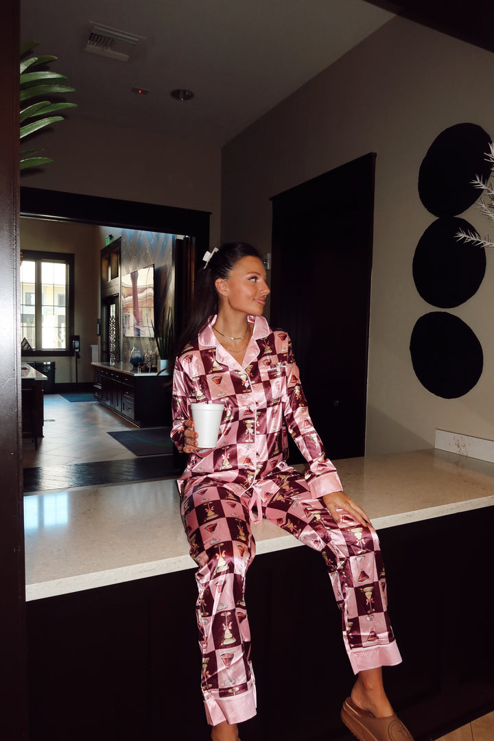 Bows & Martinis Pajama Set-Brown/Pink