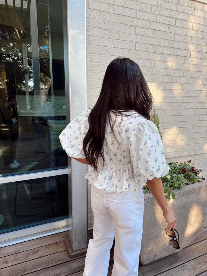 Floral Tie Top-Baby blue