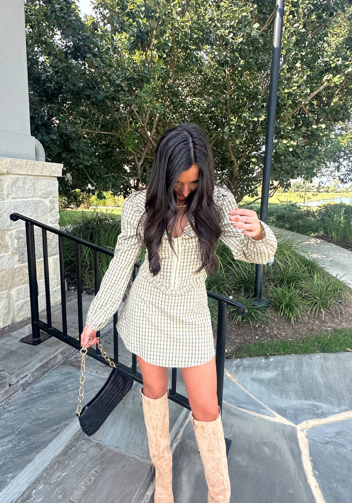 Pretty In Plaid Mini Dress-Beige