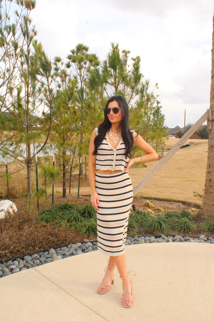 Striped Knit Midi Skirt Set-Oatmeal/Black