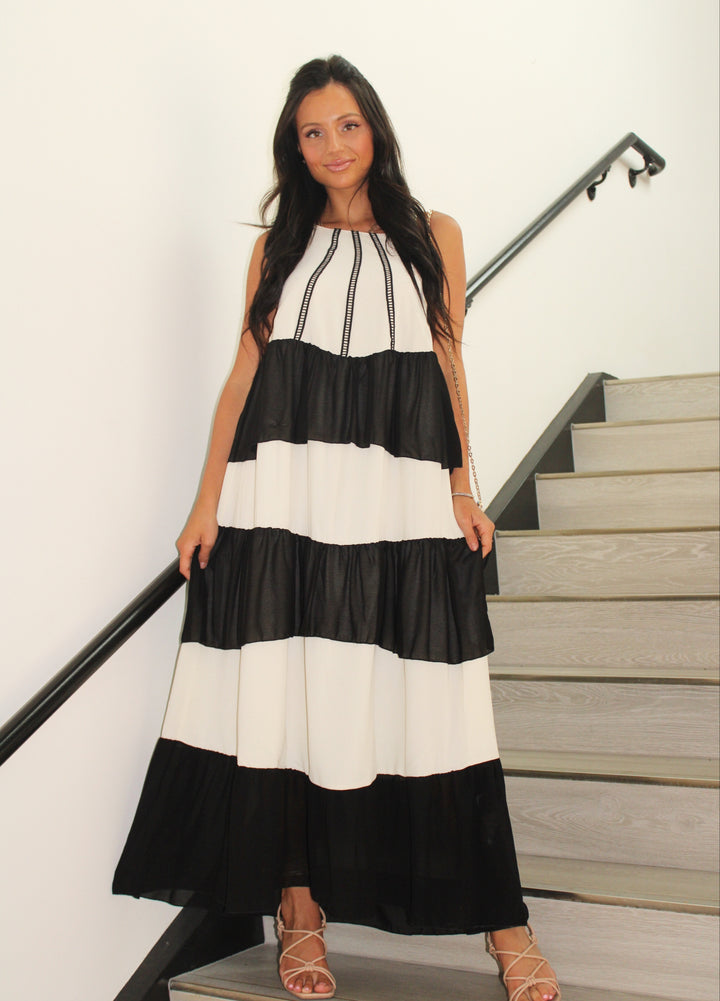 Chiffon Ruffle Halter Maxi Dress-Cream-Black