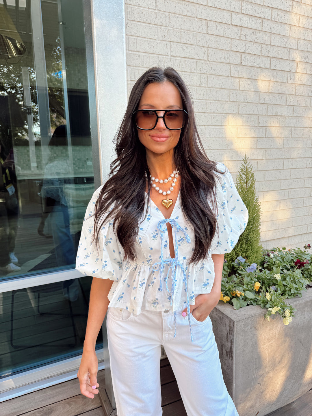 Floral Tie Top-Baby blue