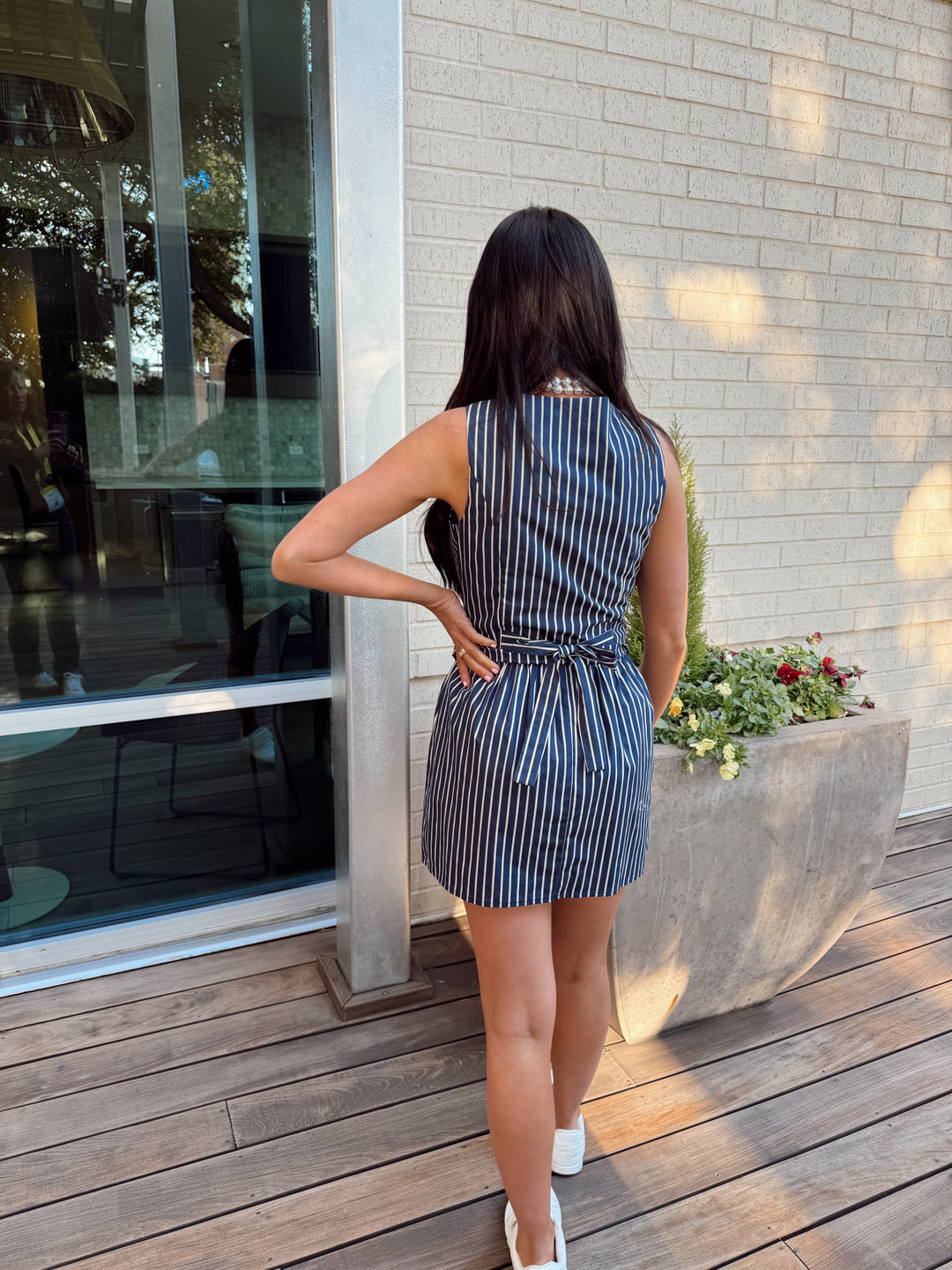 Pinstripe Sleeveless Mini Dress-Navy Pinstripe Sleeveless Mini Dress-Navy