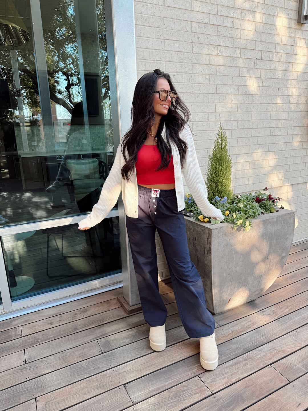 High Waisted Boxy Pants-Navy Blue