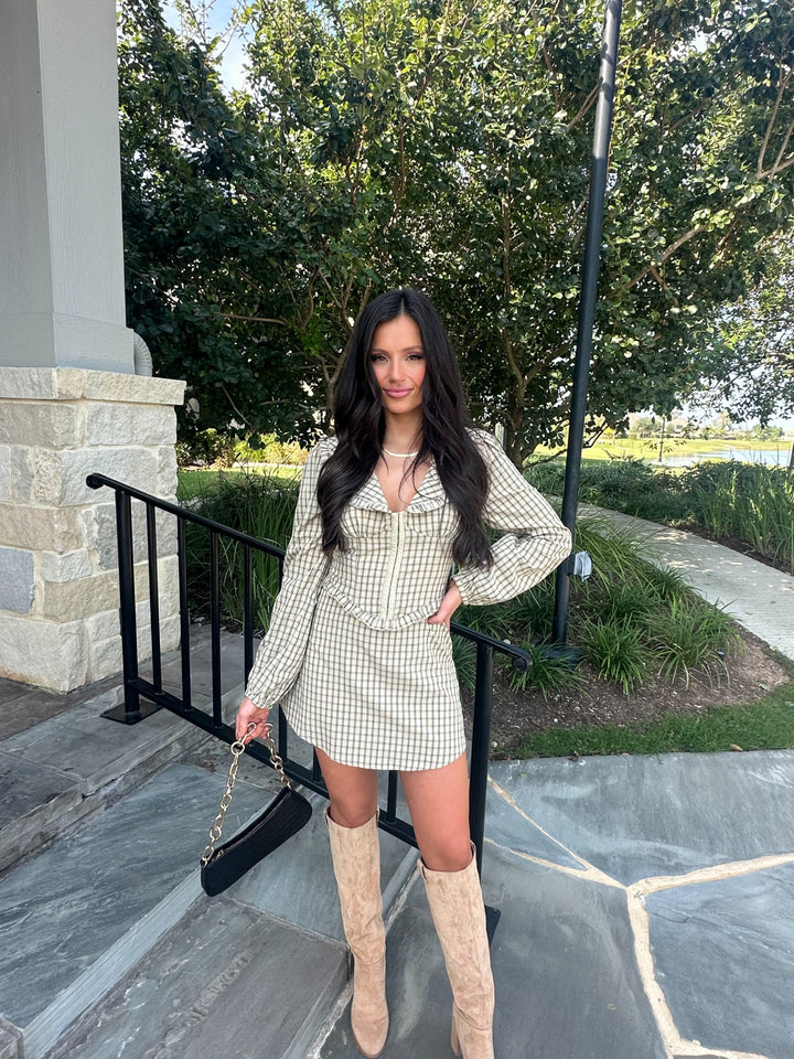 Pretty In Plaid Mini Dress-Beige