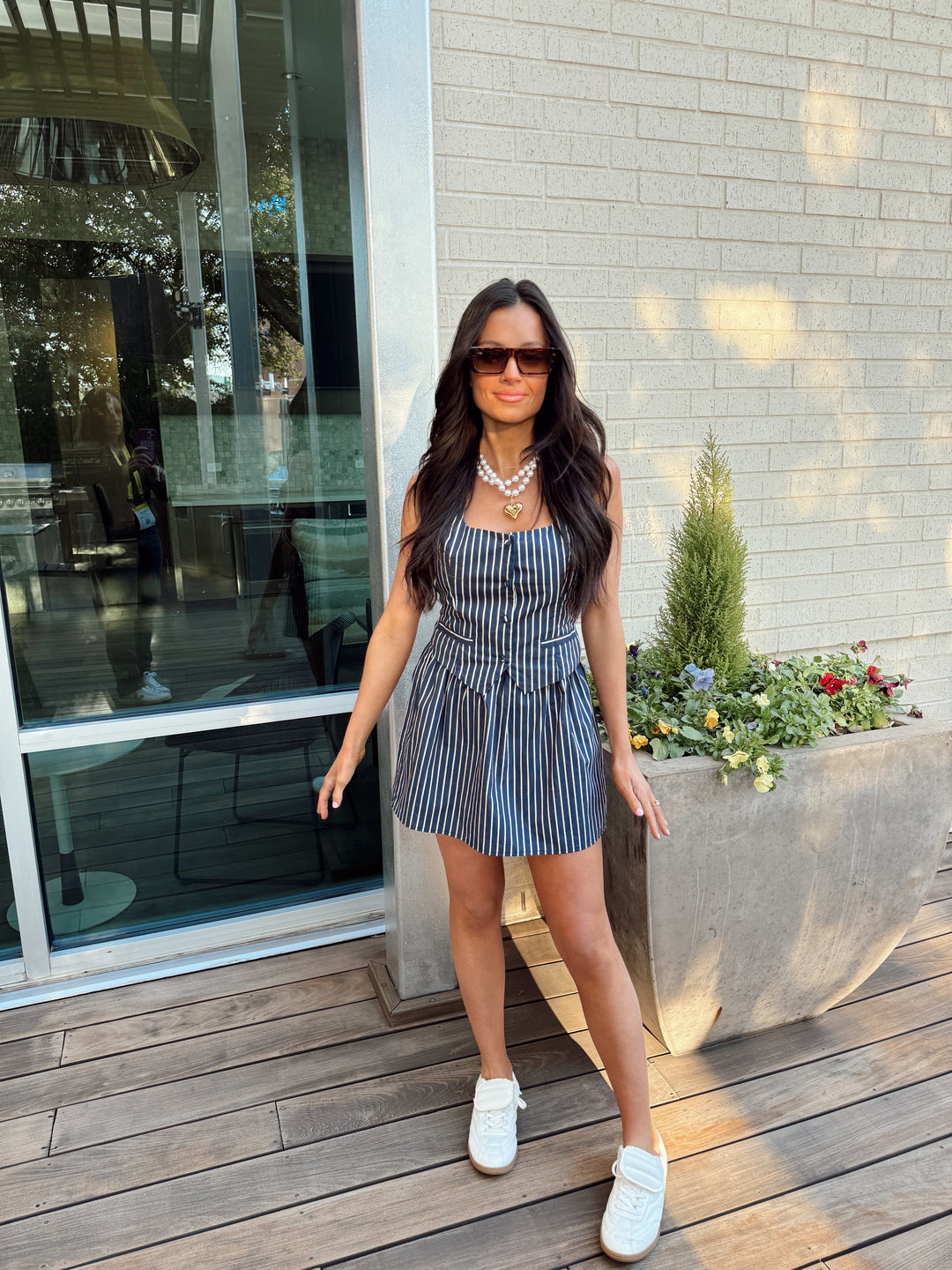 Pinstripe Sleeveless Mini Dress-Navy Pinstripe Sleeveless Mini Dress-Navy