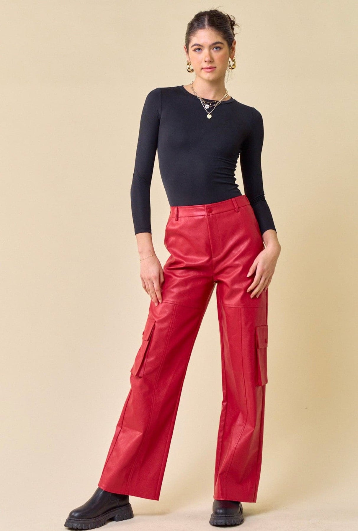 Faux Leather Straight Cargo Pants - Red