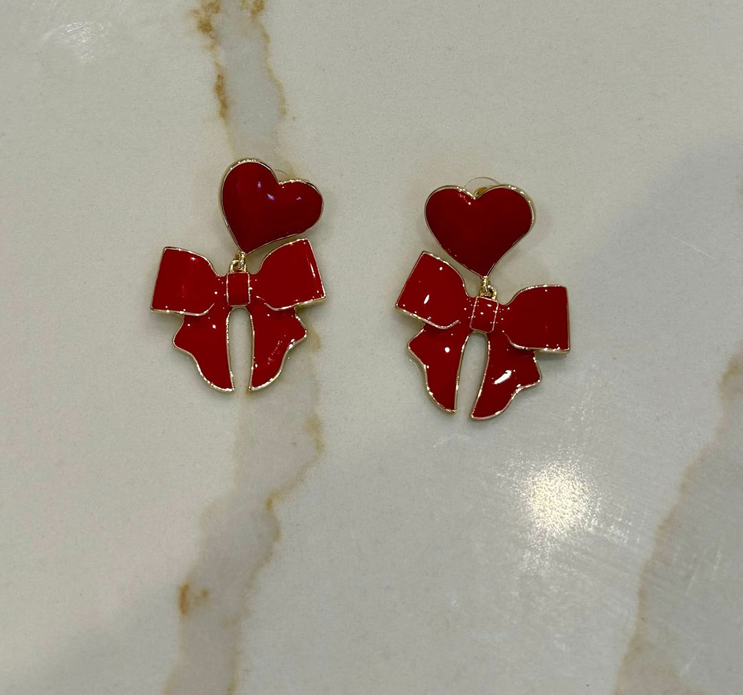 XO and Bow Earrings-Pink/Red