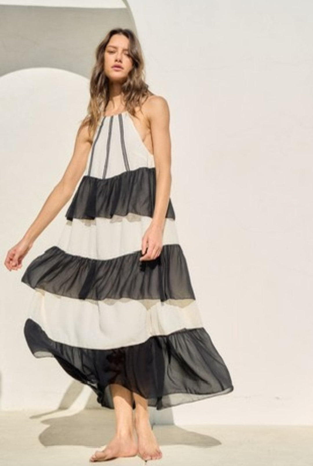 Chiffon Ruffle Halter Maxi Dress-Cream-Black