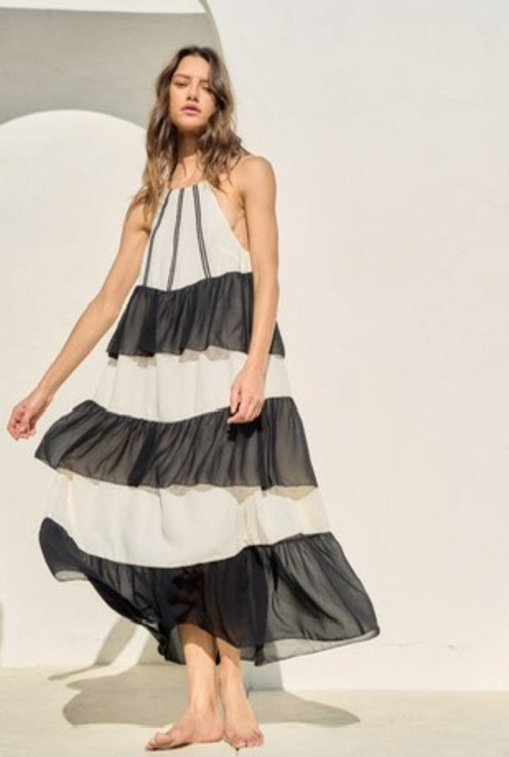 Chiffon Ruffle Halter Maxi Dress-Cream-Black