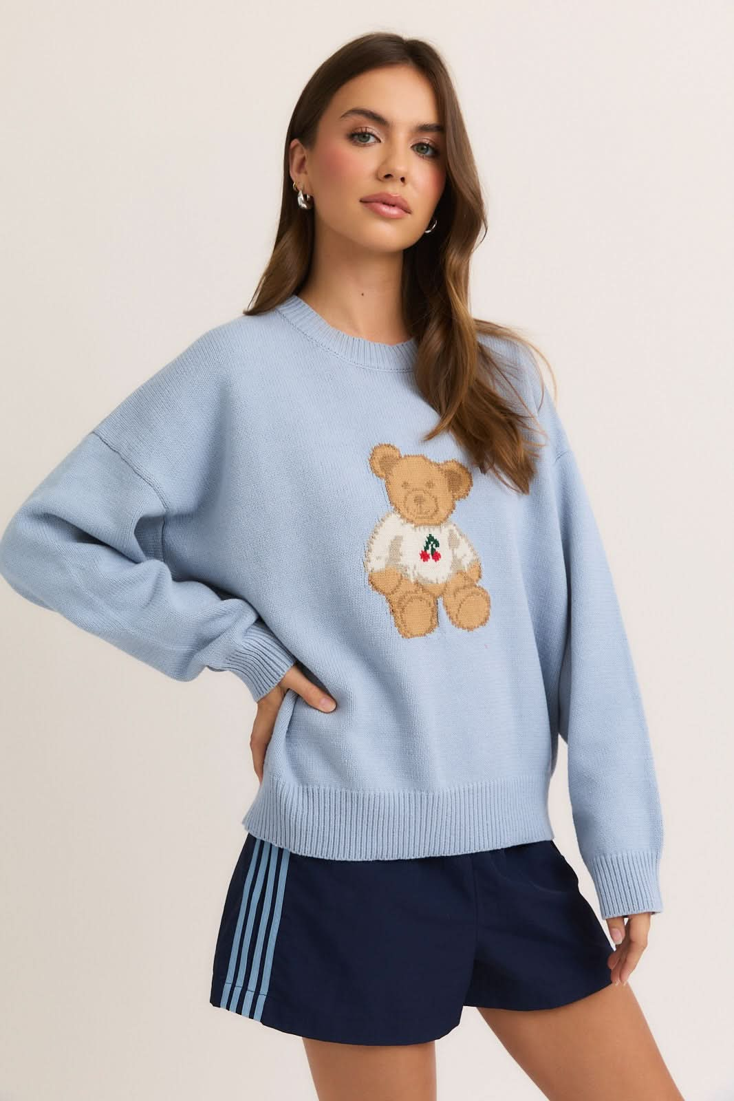 Teddy Bear Cherry Sweater-Lt Blue