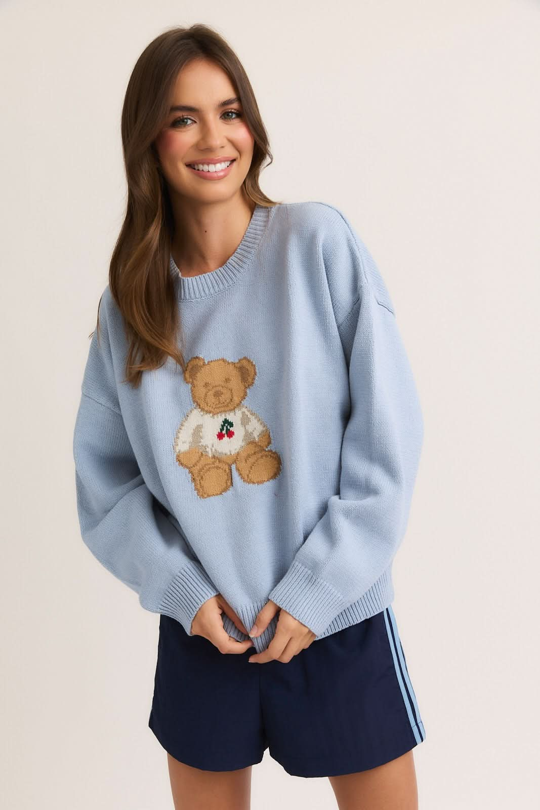 Teddy Bear Cherry Sweater-Lt Blue