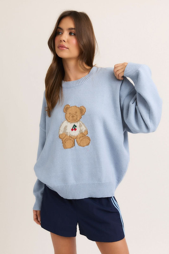 Teddy Bear Cherry Sweater-Lt Blue