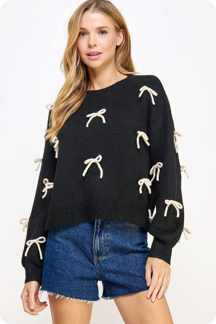 Bow Embellished Sweater-Blk/Cream