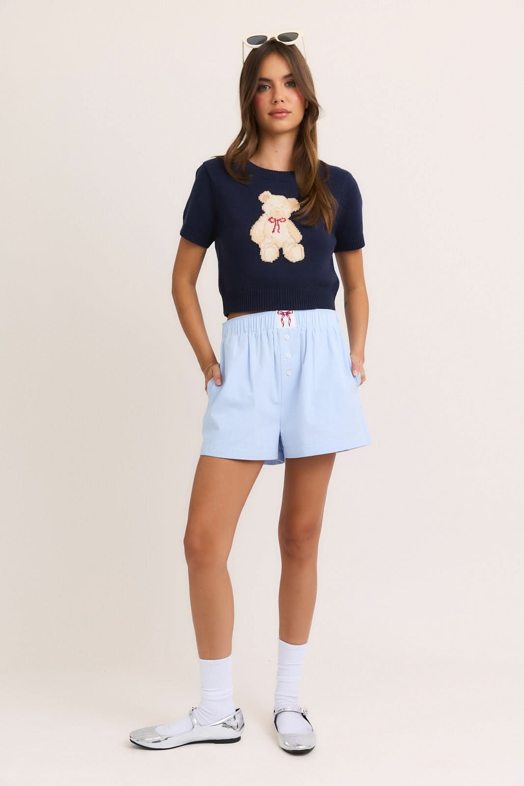 High Waisted Bow Boxy Shorts-Baby Blue