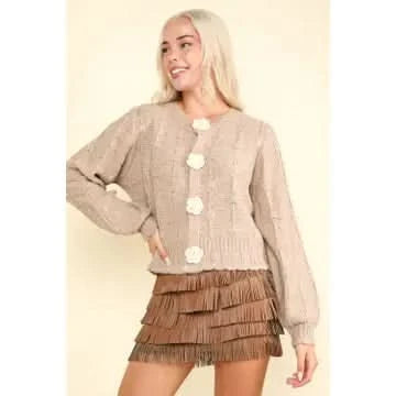 Floral Crochet Button Cardigan-Mocha