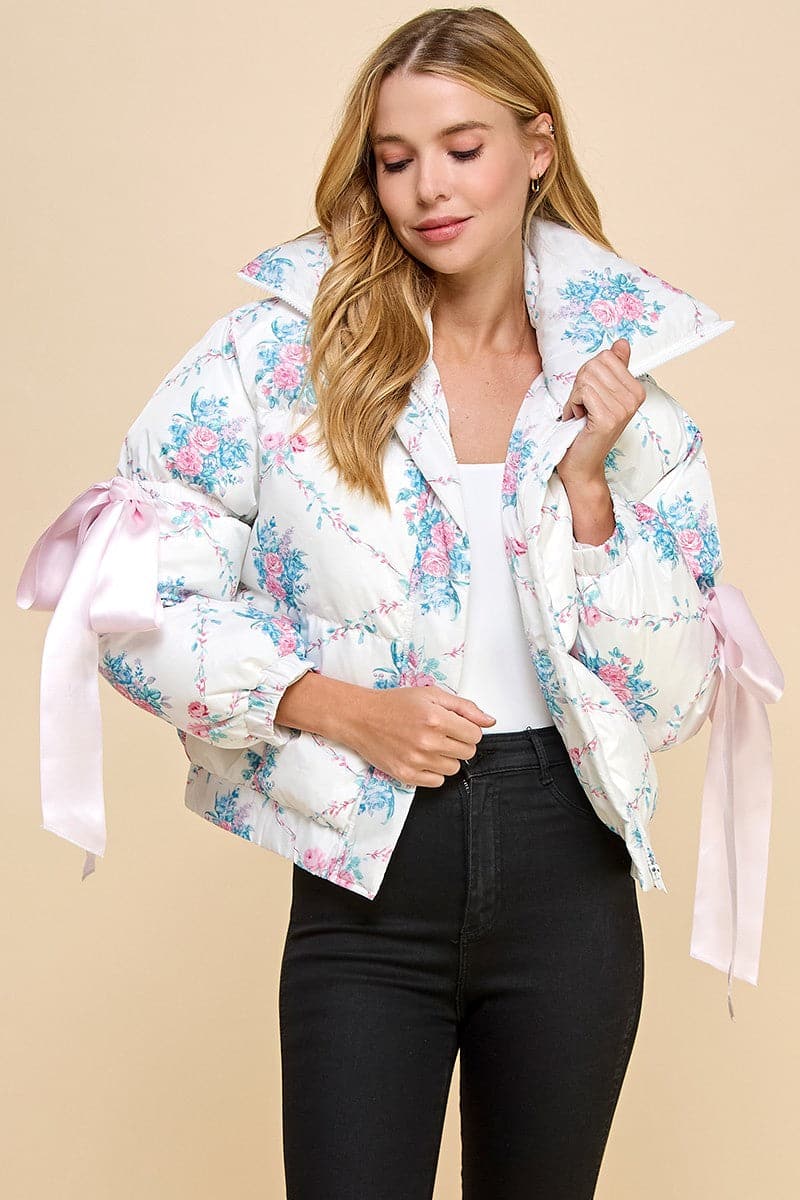 Floral Bow PufferJacket-Pink/White