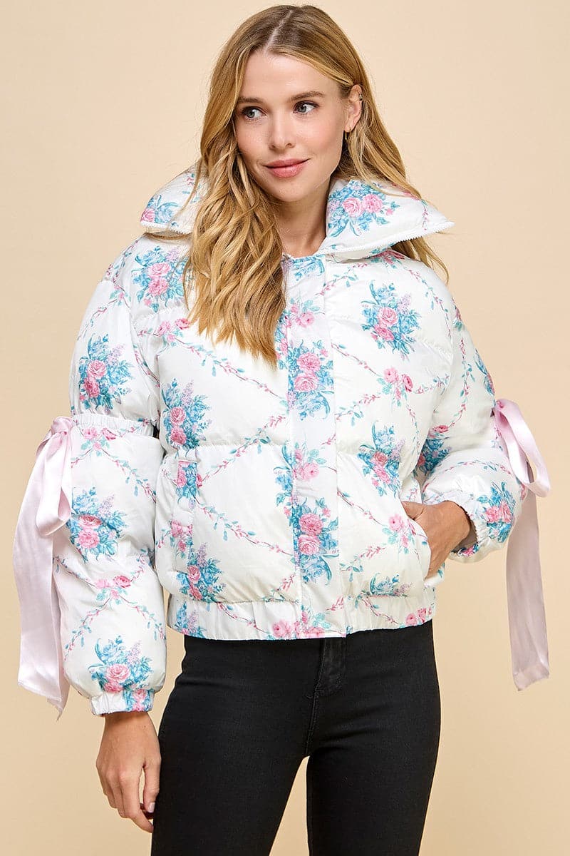 Floral Bow PufferJacket-Pink/White