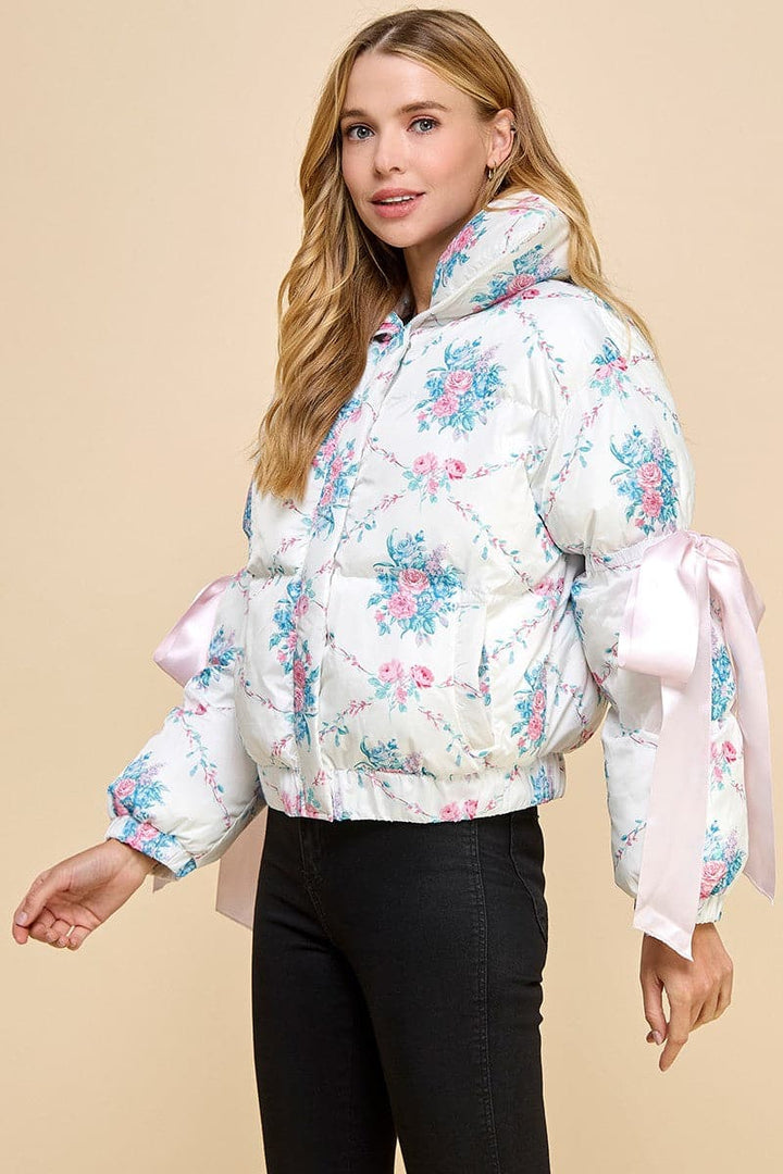 Floral Bow PufferJacket-Pink/White