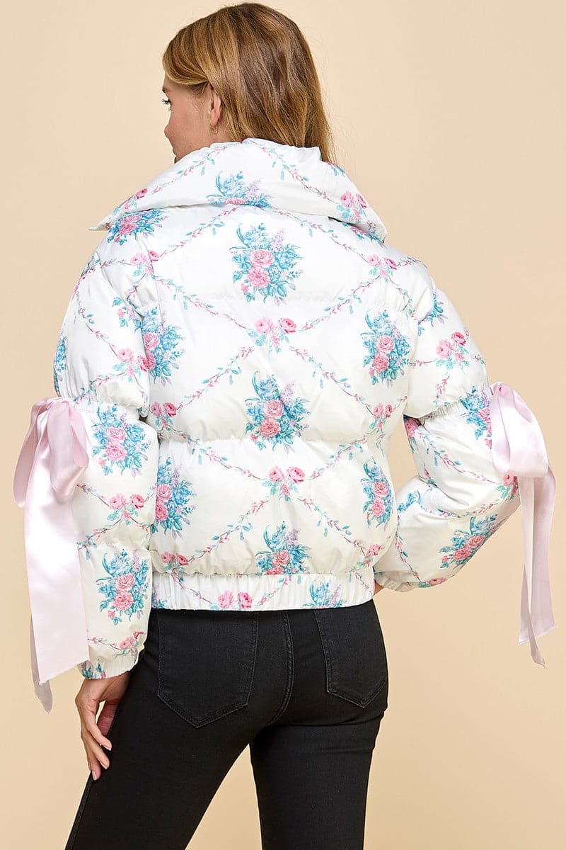 Floral Bow PufferJacket-Pink/White