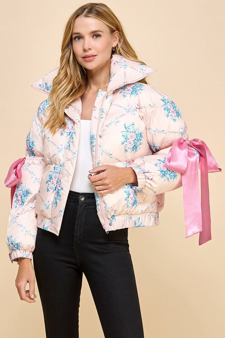 Floral Bow PufferJacket-Pink/White