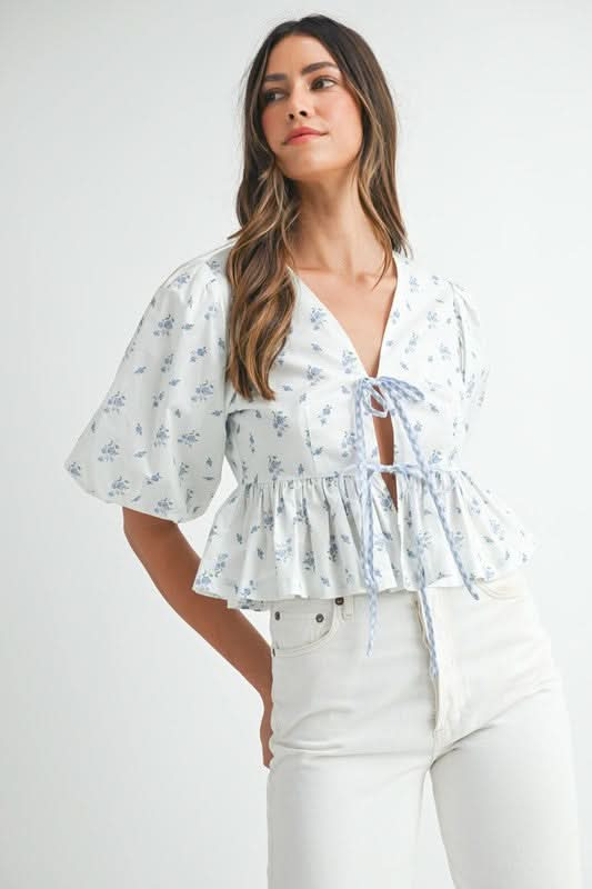 Floral Tie Top-Baby blue