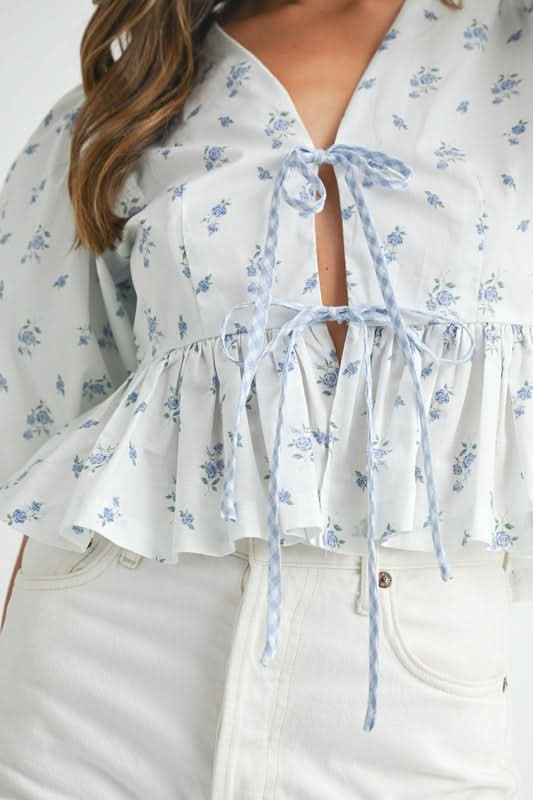 Floral Tie Top-Baby blue