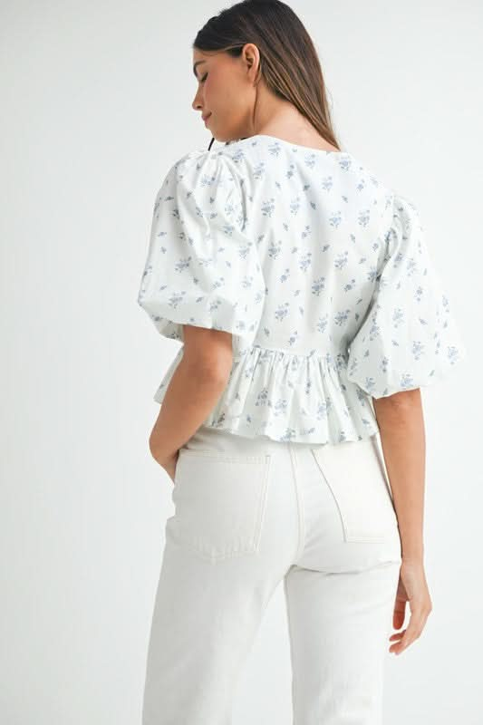 Floral Tie Top-Baby blue