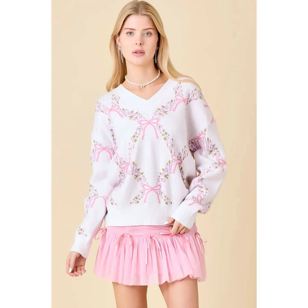 Jacquard Bow Sweater-Pink