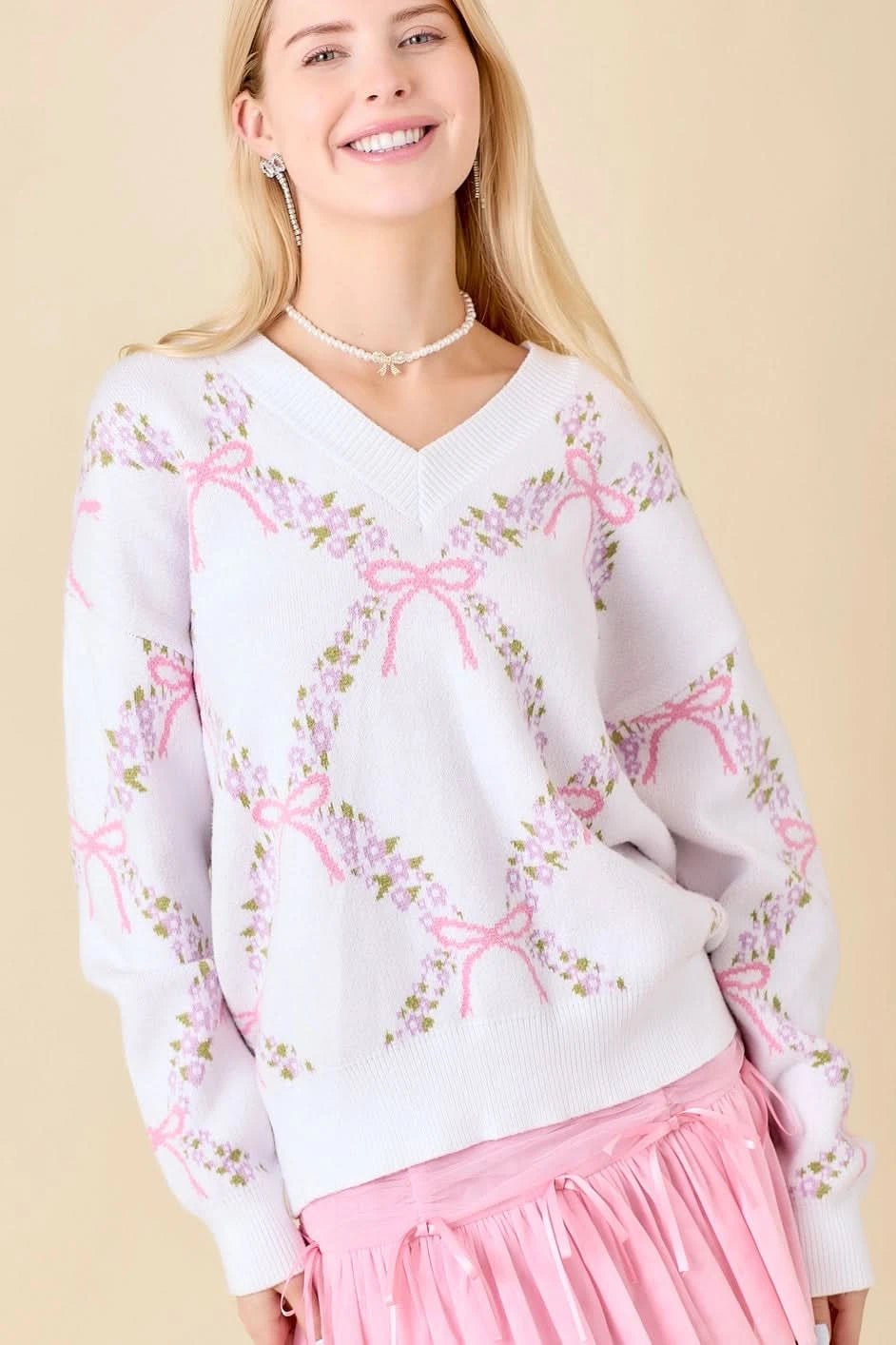 Jacquard Bow Sweater-Pink