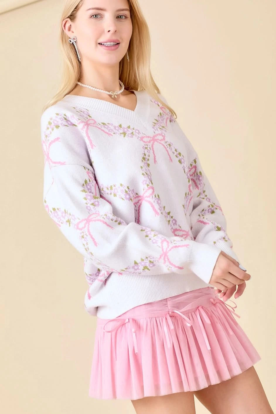 Jacquard Bow Sweater-Pink