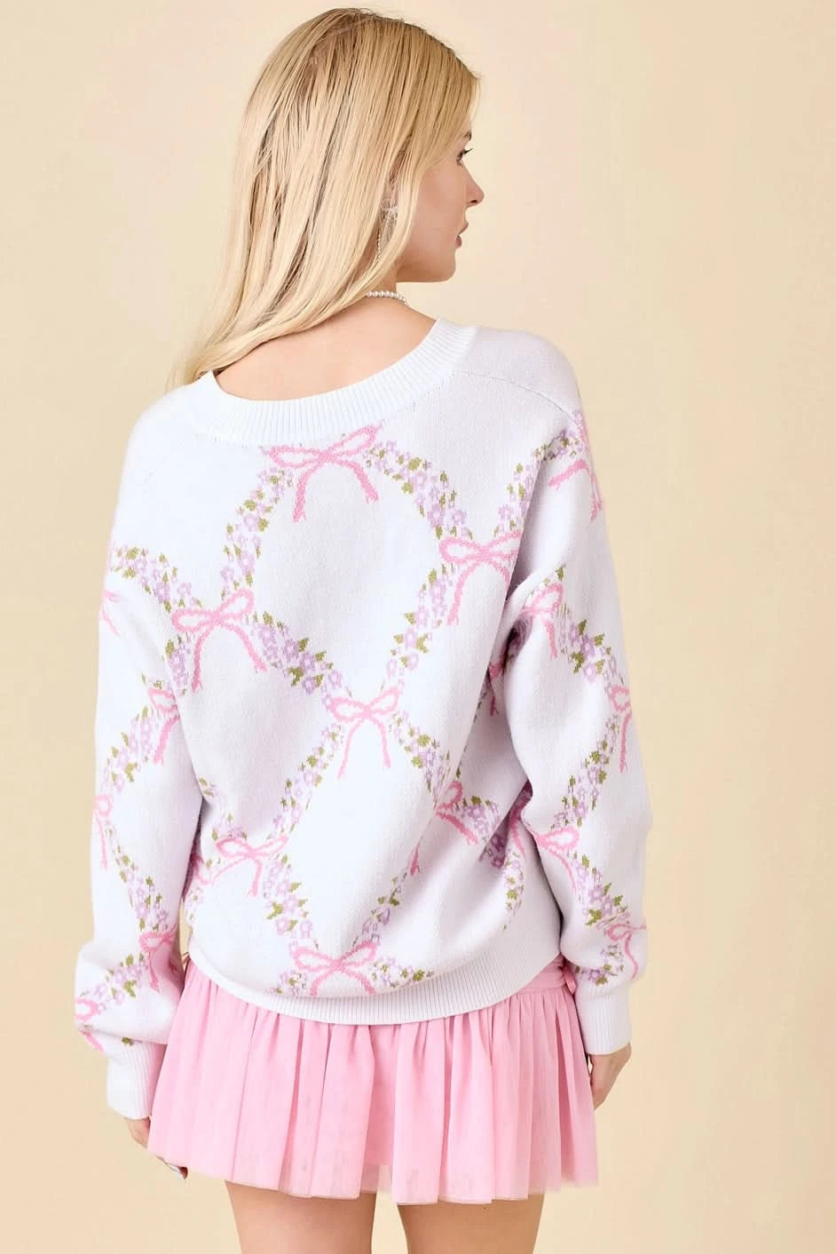 Jacquard Bow Sweater-Pink